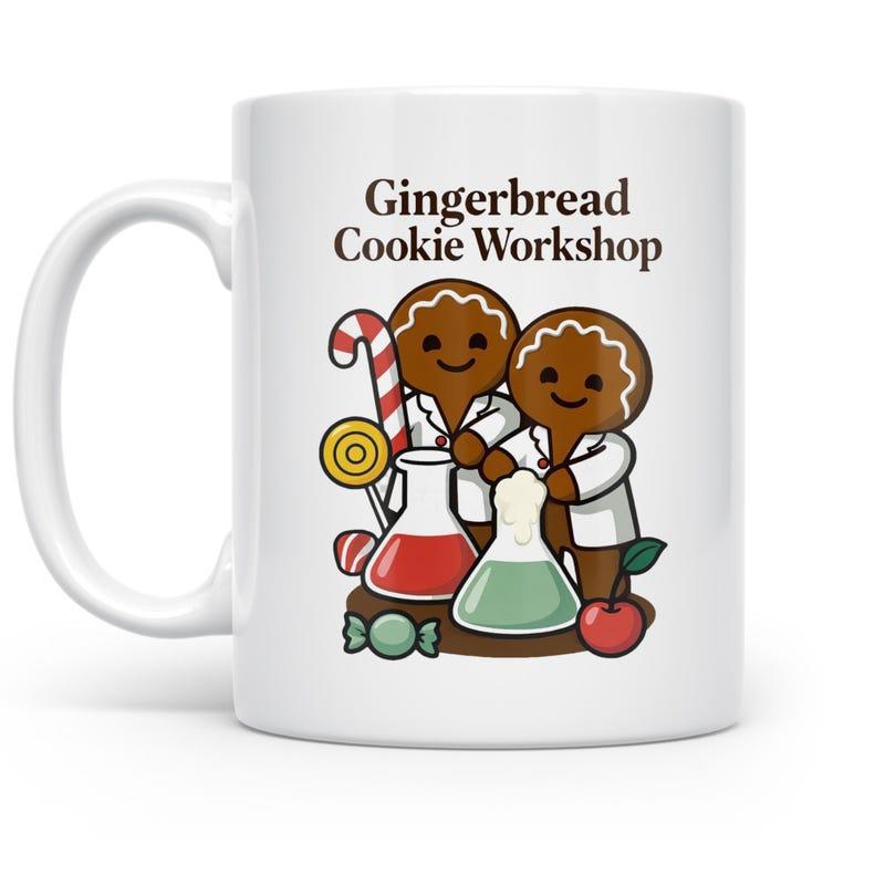 Tailorly White Ceramic 11 oz Mug - Gingerbread Cookie Workshop Two Festive Characters Wearing Lab Coats Among Science Flasks And Candy Gingerbread