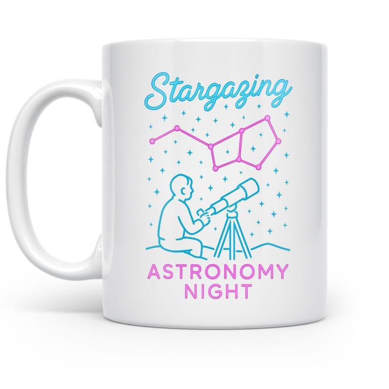 Tailorly White Ceramic 11 oz Mug - Stargazing Astronomy Night Person Sitting On Ground Observing Constellations Using A Tripod Mounted Telescope