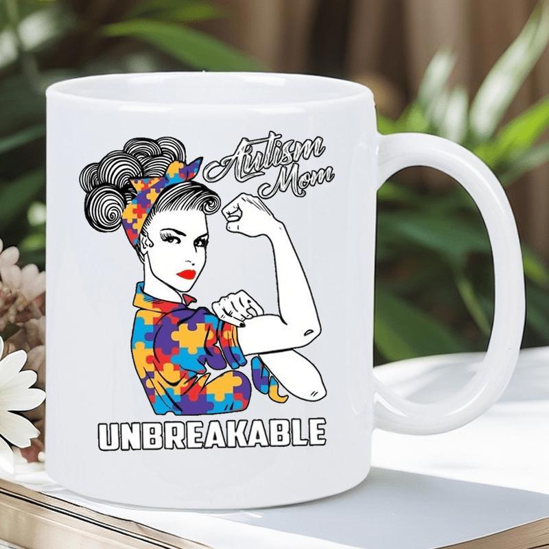 Tailorly White Ceramic 11 oz Mug - Autism Mom Unbreakable Strong Resilient Rosie Pose Wearing Colorful Puzzle Pattern Bandana Shirt Woman