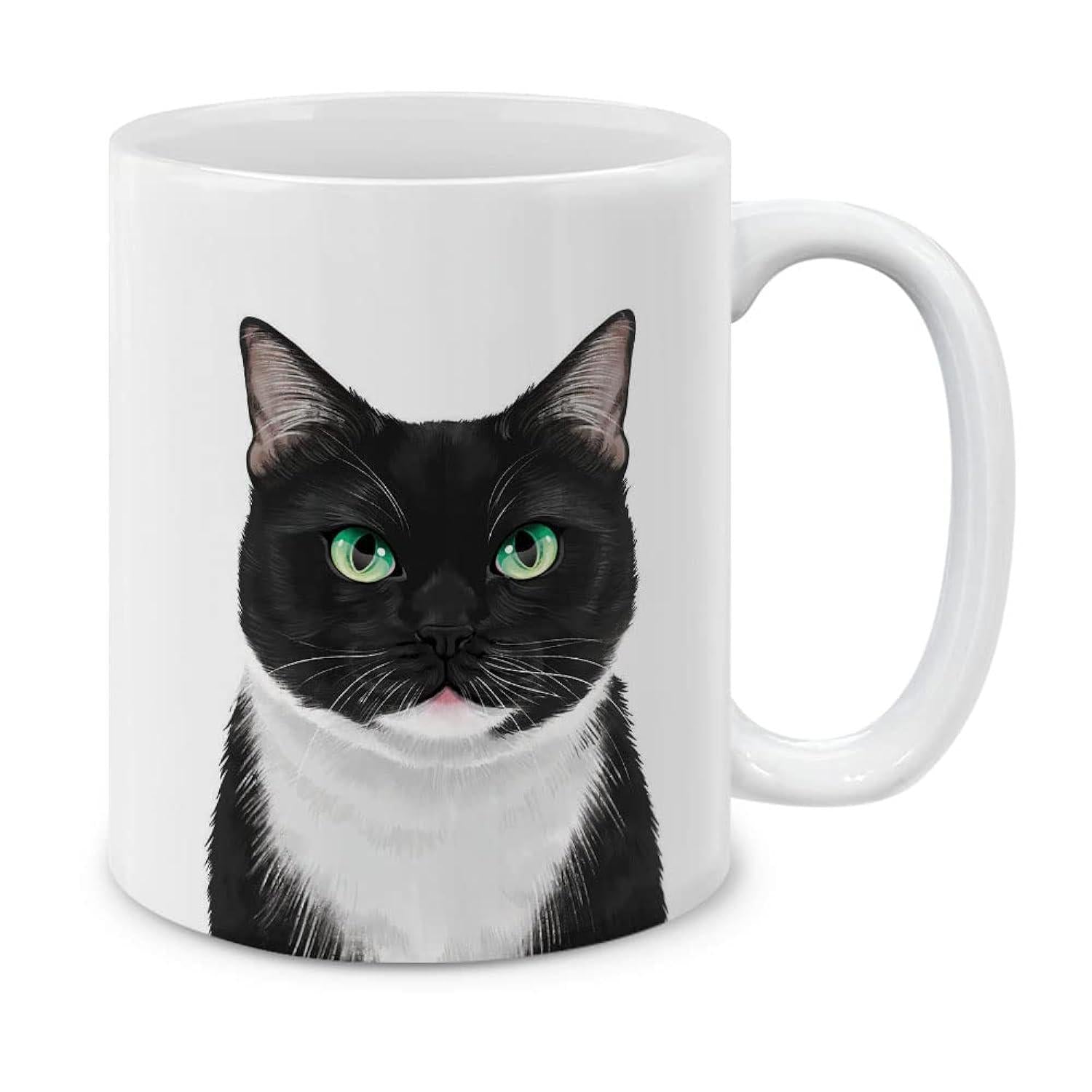 Tailorly White Ceramic 11 oz Mug - Realistic Tuxedo Feline With Bright Glowing Green Eyes And White Fur Cat