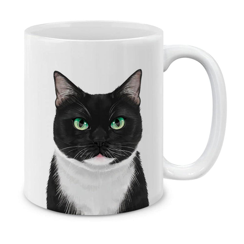 Tailorly White Ceramic 11 oz Mug - Realistic Tuxedo Feline With Bright Glowing Green Eyes And White Fur Cat