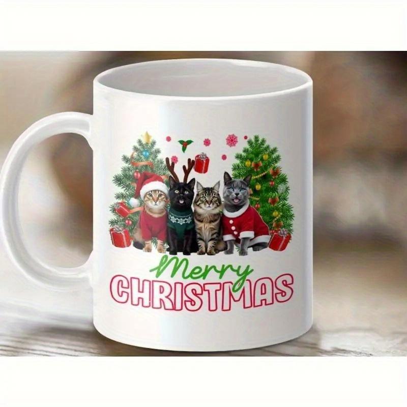 Tailorly White Ceramic 11 oz Mug - Merry Christmas Four Festive Kittens Wearing Holiday Costumes Between Decorated Green Trees Cat
