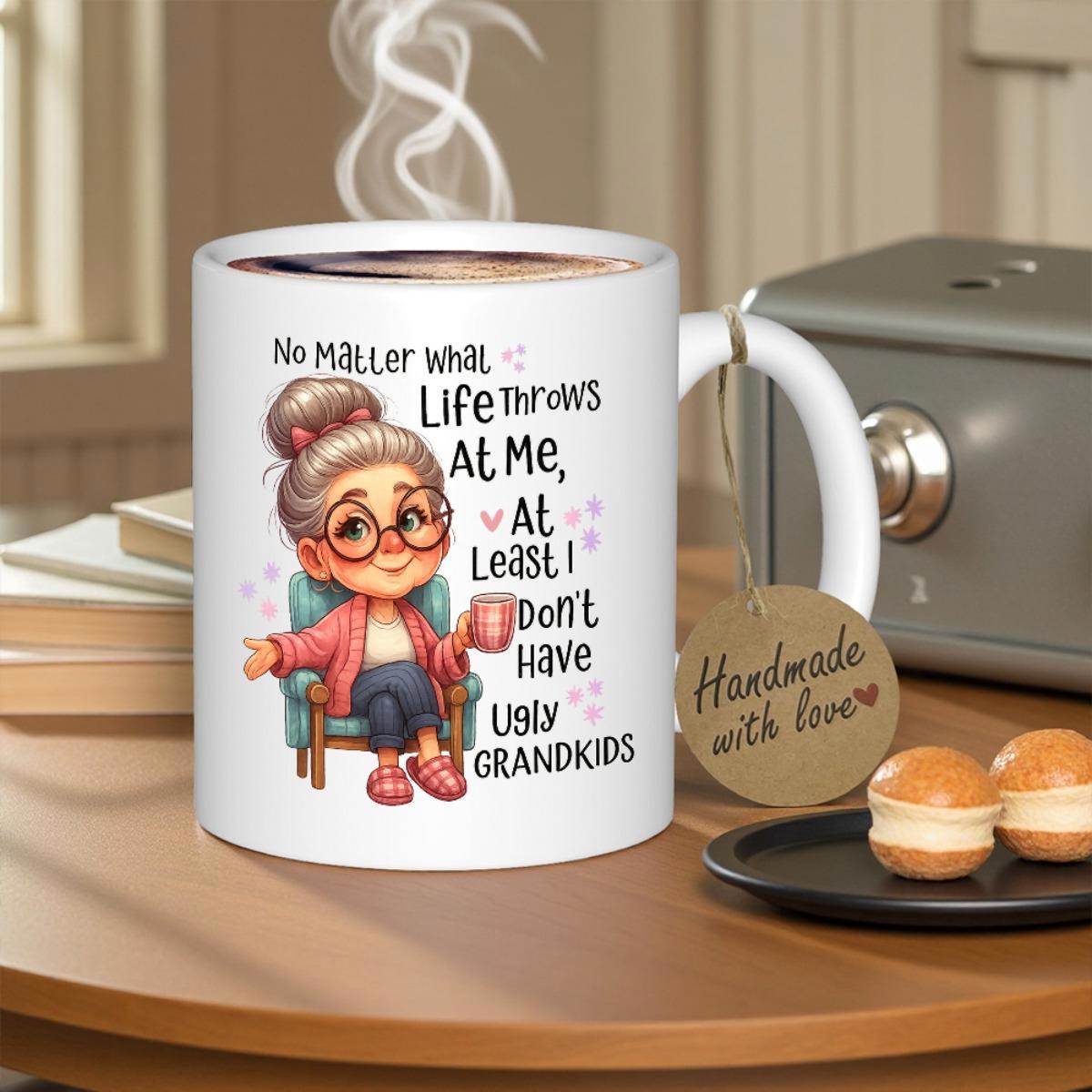Tailorly White Ceramic 11 oz Mug - No Matter What Life Throws At Me At Least I Don't Have Ugly Grandkids Charming Cartoon Woman With Glasses Resting In Comfy