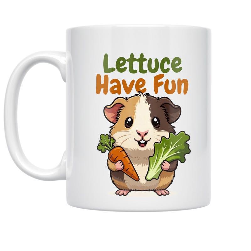 Tailorly White Ceramic 11 oz Mug - Lettuce Have Fun Adorable Cartoon Pet Holding Fresh Vegetables Among Green Leaves And Carrot Guinea Pig