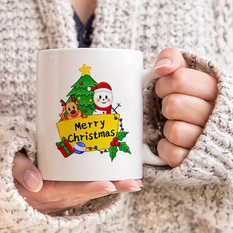 Tailorly White Ceramic 11 oz Mug - Merry Christmas Festive Holiday Illustration Featuring Smiling Snowman Reindeer And Evergreen Tree
