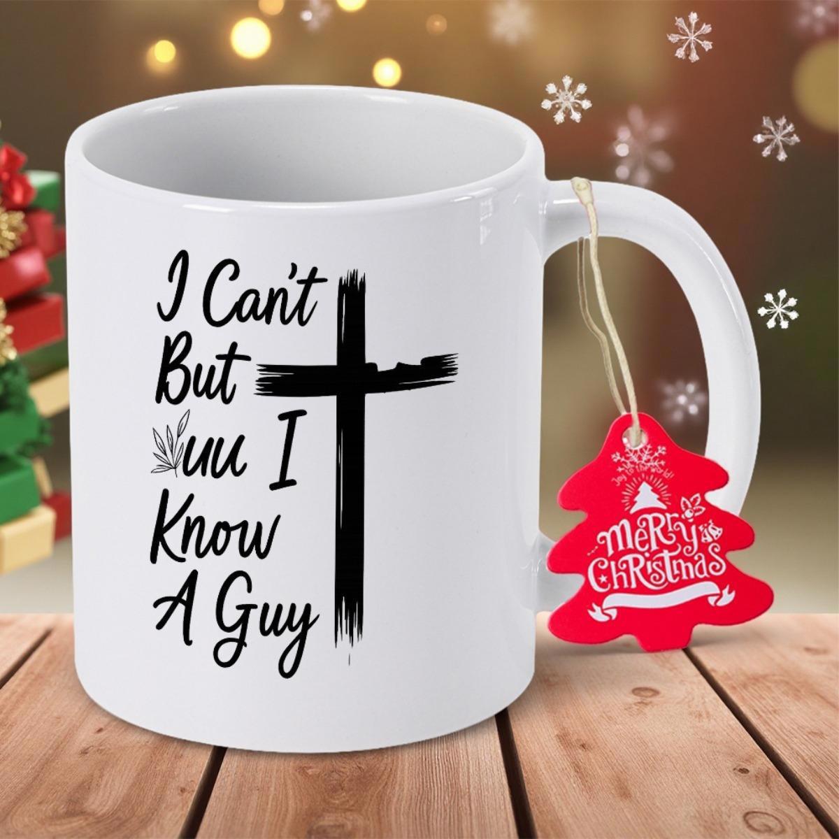 Tailorly White Ceramic 11 oz Mug - I Can't But I Know A Guy Artistic Hand Painted Black Ink Religious Symbol Cross