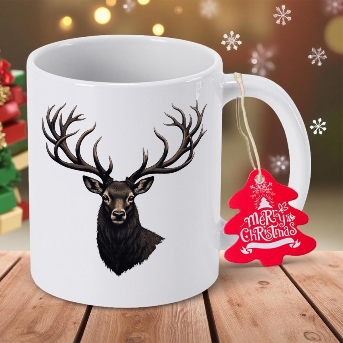 Tailorly White Ceramic 11 oz Mug - Merry Christmas Majestic Wild Animal With Large Intricate Antlers Deer