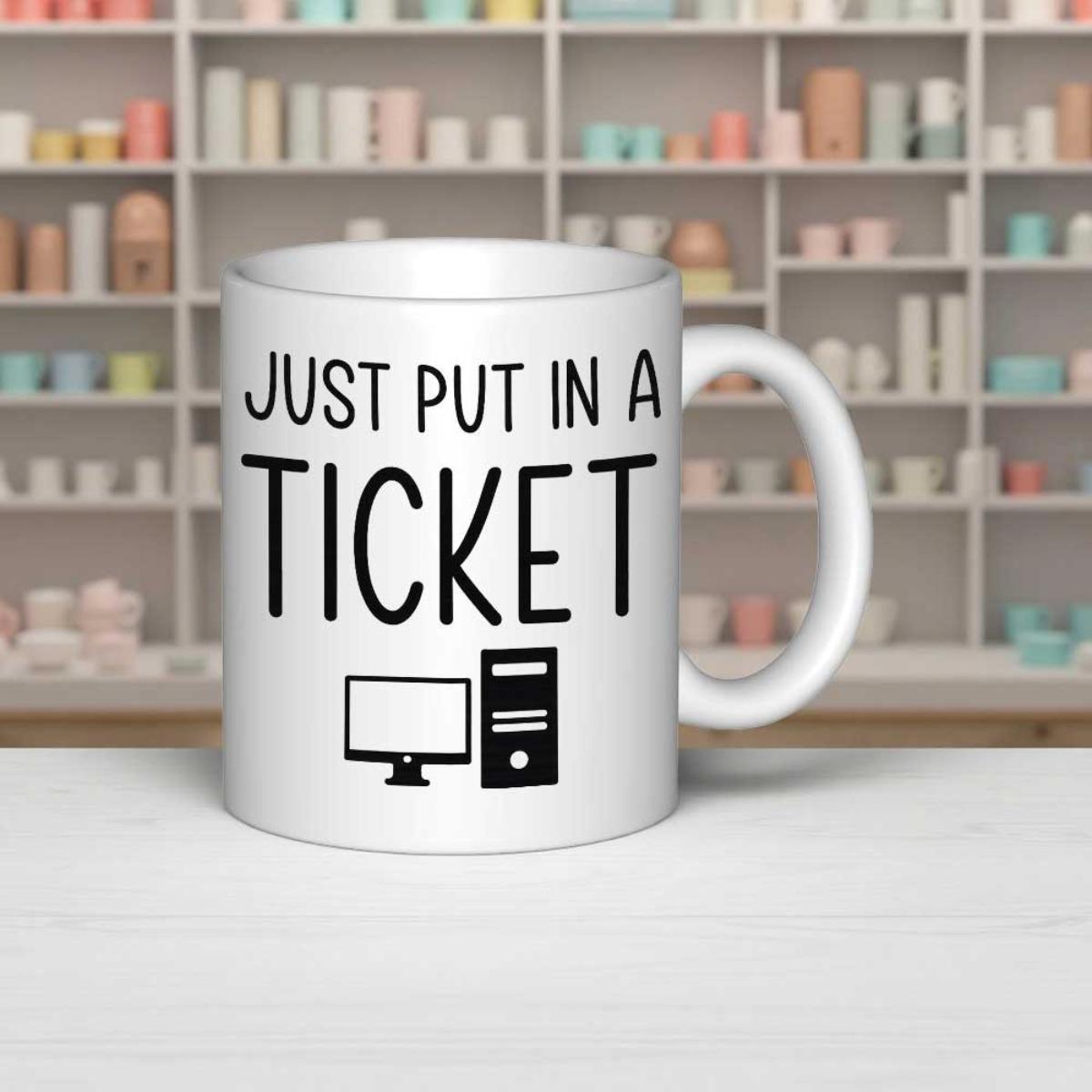 Tailorly White Ceramic 11 oz Mug - Just Put In A Ticket Minimalist Computer Monitor And Tower Icons In A Clean Office Work Computer