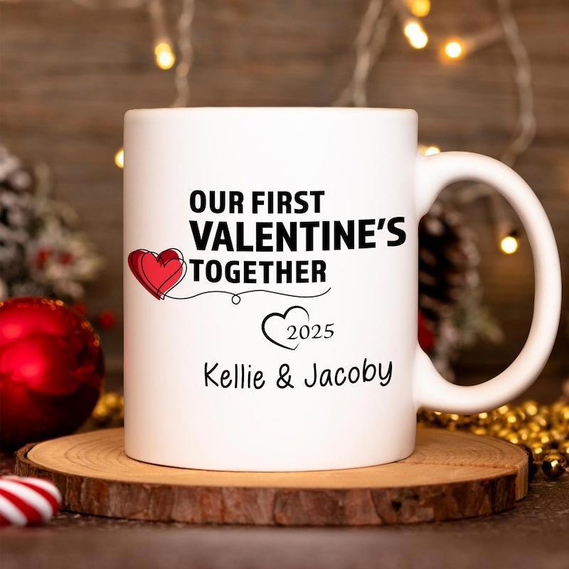 Tailorly White Ceramic 11 oz Mug - Our First Valentine's Together 2025 Kellie Jacoby Romantic Red Heart With Decorative Line And Personalized Script Names Mug