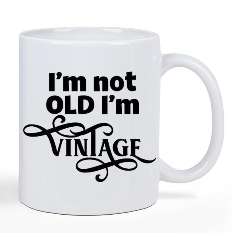 Tailorly White Ceramic 11 oz Mug - Im Not Old Im Vintage Decorative Swirls Featuring Bold Block Letters And Elegant Script Style Ornamental Sign