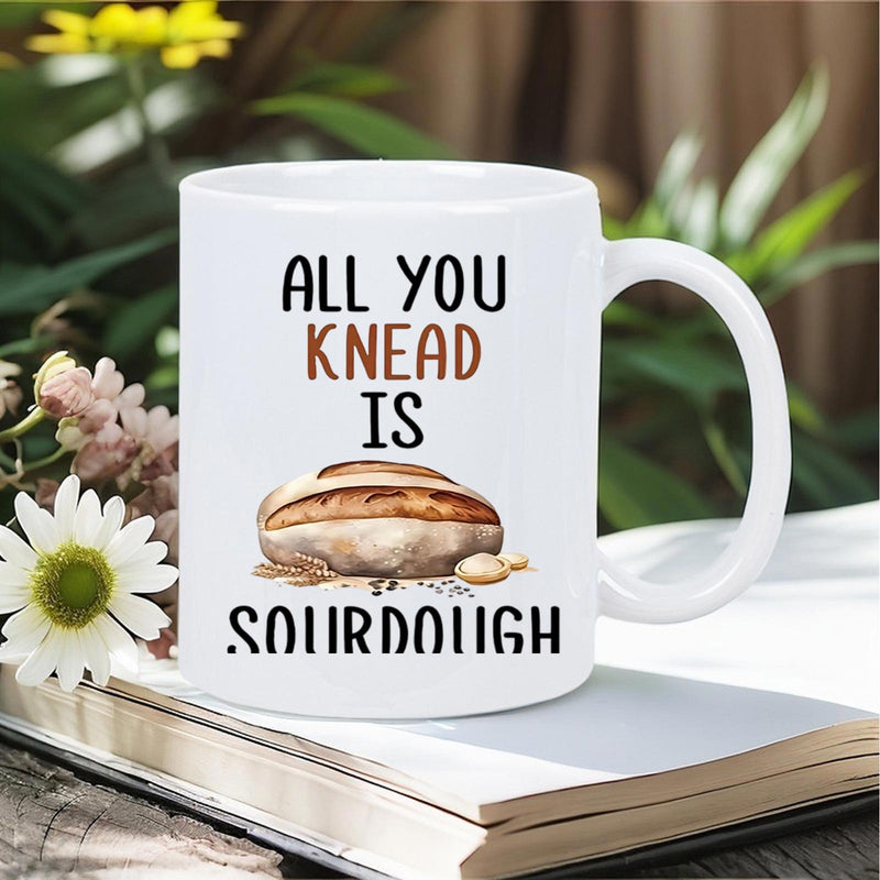 Tailorly White Ceramic 11 oz Mug - All You Knead Is Sourdough Artistically Detailed Fresh Loaf Resting Among Soft Garden Flowers Bread