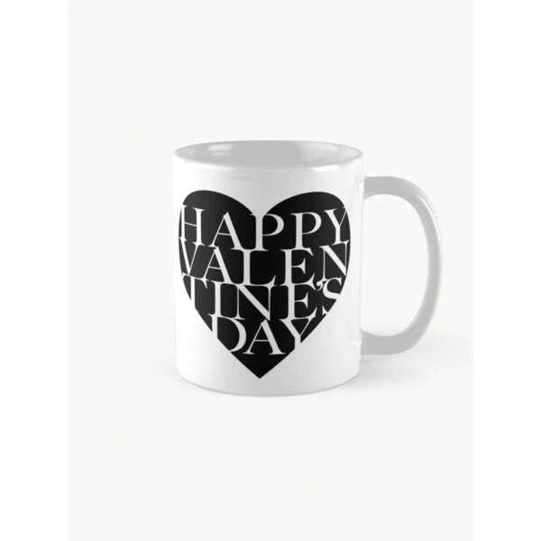 Tailorly White Ceramic 11 oz Mug - Happy Valentine's Day Minimalist Solid Black Heart Shape Centered On White Background Heart