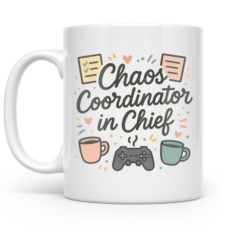 Tailorly White Ceramic 11 oz Mug - Chaos Coordinator In Chief Playful Icons Featuring Gaming Controller And Colorful Coffee Cups Mug