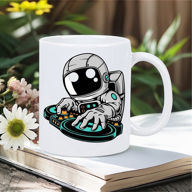 Tailorly White Ceramic 11 oz Mug - Cool Futuristic Space Suit DJ Playing Music On Electronic Turntable Astronaut