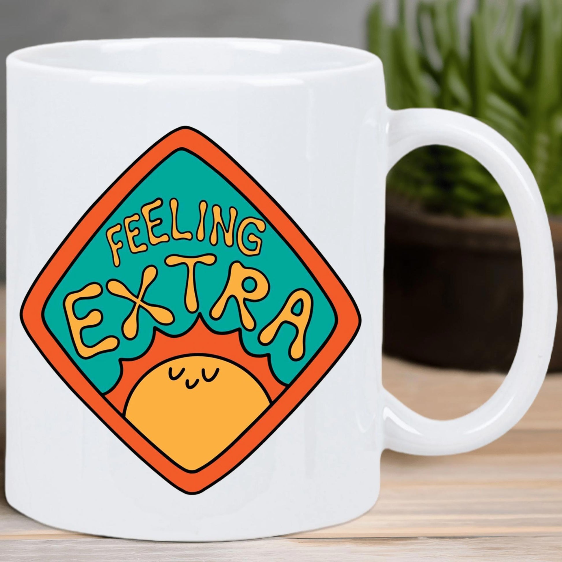 Tailorly White Ceramic 11 oz Mug - Feeling Extra Colorful Retro Diamond Frame With A Happy Rising Warm Sun