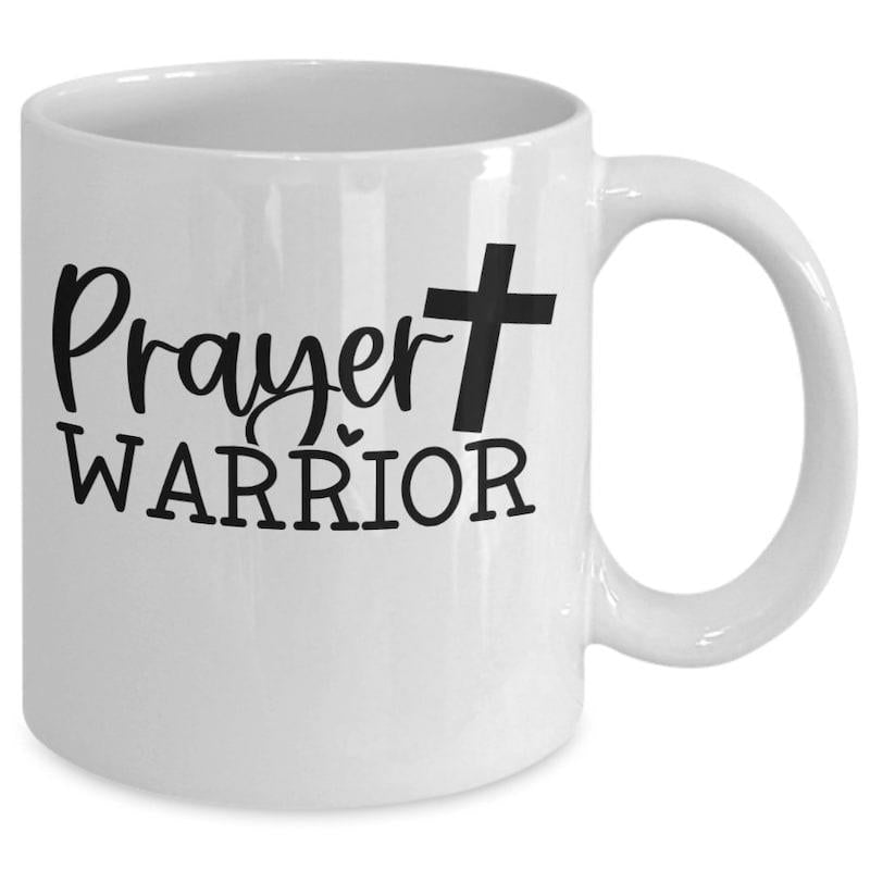 Tailorly White Ceramic 11 oz Mug - Prayer Warrior Simple Silhouette Design With Small Heart Detail And Sacred Spiritual Cross