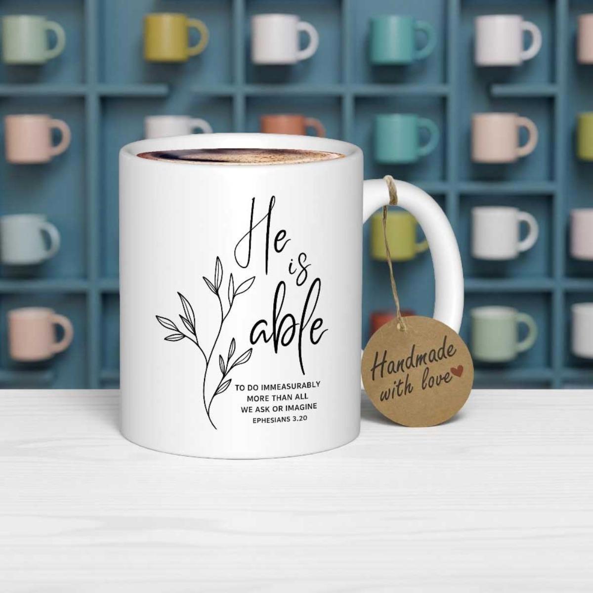 Tailorly White Ceramic 11 oz Mug - He Is Able Ephesians Minimalist Black Line Art Drawing Featuring Delicate Leaves On Slender Branch
