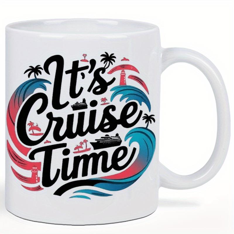 Tailorly White Ceramic 11 oz Mug - Its Cruise Time Stylized Tropical Ocean Waves With Palm Trees And Sailing Vacation Cruise