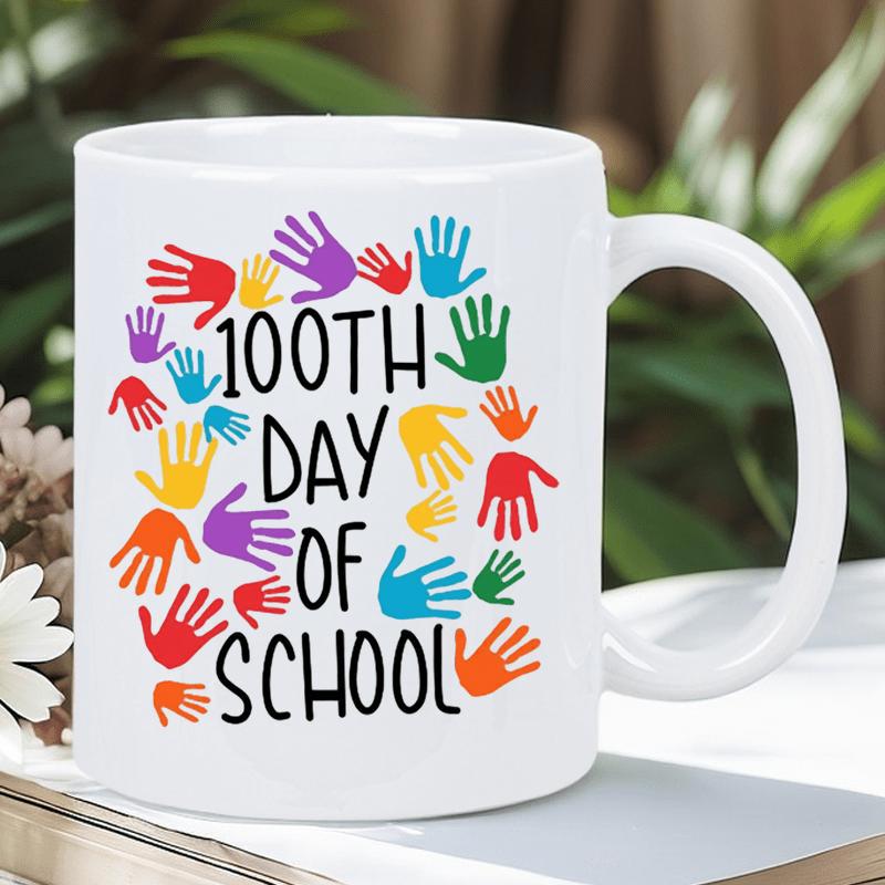 Tailorly White Ceramic 11 oz Mug - 100th Day Of School Colorful Vibrant Little Palms Scattered Around The Central Text Handprints