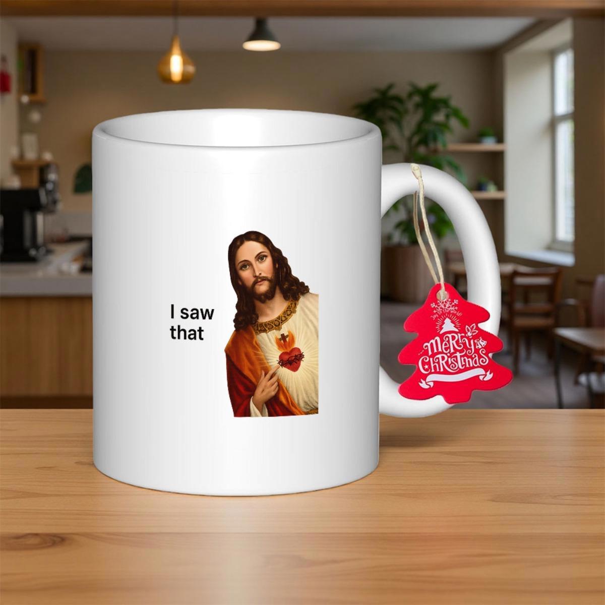 Tailorly White Ceramic 11 oz Mug - I Saw That Religious Figure Peering From The Side With Peaceful Expression Jesus
