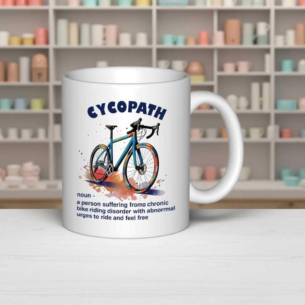 Tailorly White Ceramic 11 oz Mug - Cycopath A Person Suffering From Chronic Bike Riding Disorder Artistic Road Bike With Watercolor Splashes Underneath Bicycle