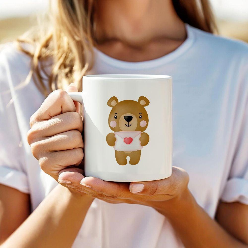 Tailorly White Ceramic 11 oz Mug - Adorable Brown Cartoon Character Wearing A White Heart Shirt Bear