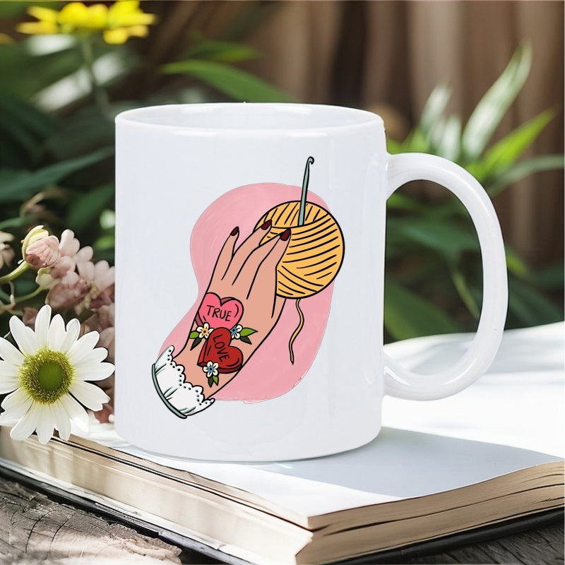 Tailorly White Ceramic 11 oz Mug - True Love Tattooed Hand Reaching For A Ball Of Soft Golden Yarn Crochet