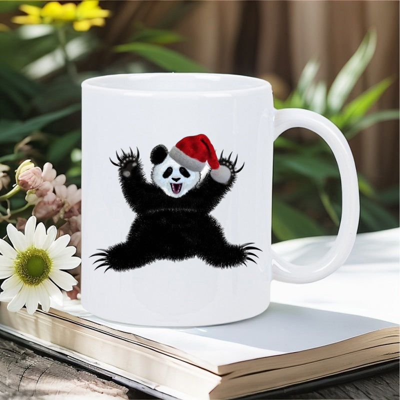 Tailorly White Ceramic 11 oz Mug - Festive Fluffy Animal Wearing A Classic Red Christmas Santa Hat Cute Panda