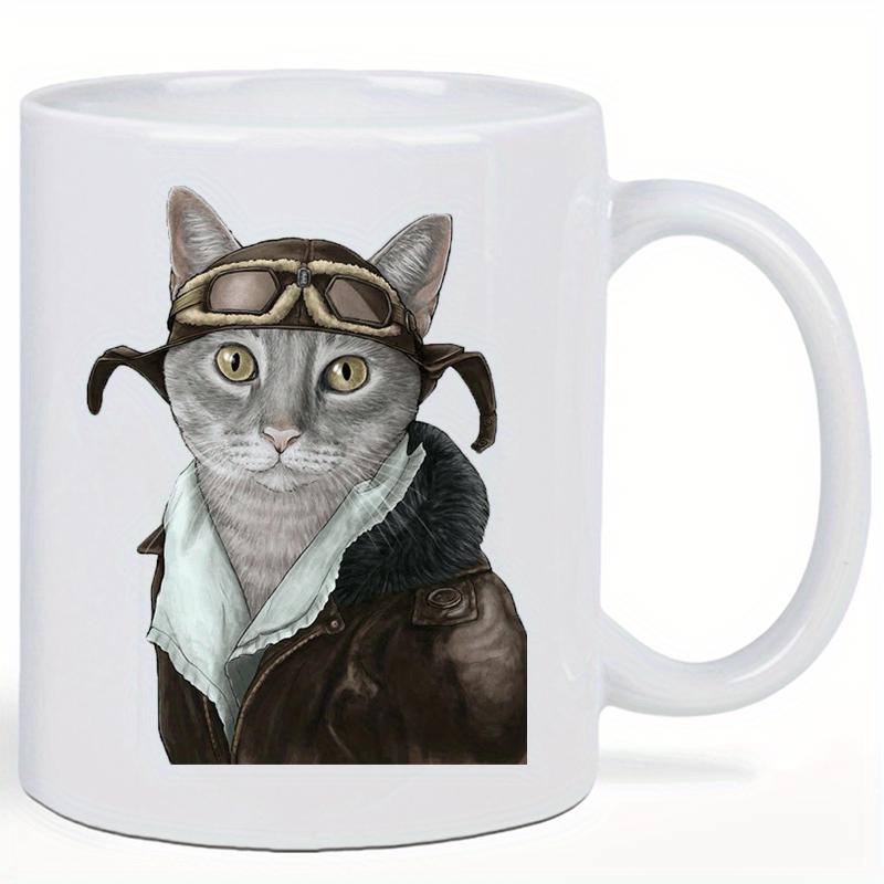 Tailorly White Ceramic 11 oz Mug - Vintage Aviation Style Gray Feline Wearing Leather Flight Jacket And Goggles Cat
