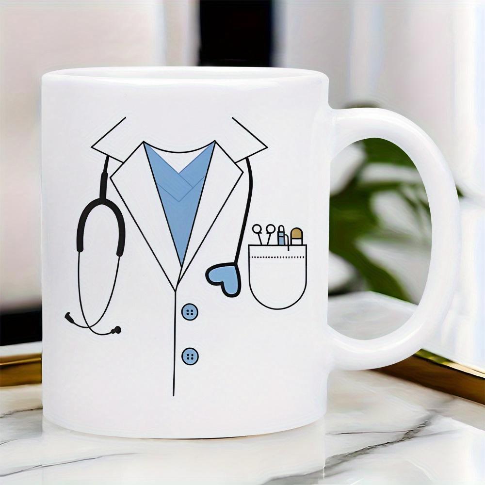 Tailorly White Ceramic 11 oz Mug - Professional Medical Lab Coat Featuring Stethoscope And Blue Scrubs Style Uniform