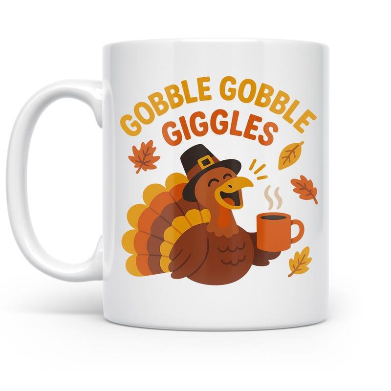 Tailorly White Ceramic 11 oz Mug - Gobble Gobble Giggles Happy Festive Bird Wearing Pilgrim Hat Holding Warm Coffee Mug Turkey