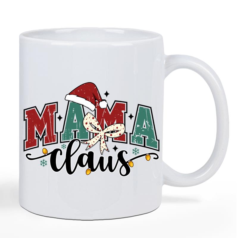 Tailorly White Ceramic 11 oz Mug - Mama Claus Festive Santa Hat With Plaid Patterned Letters And Elegant Bow Design