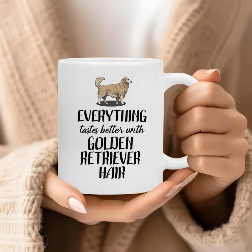Tailorly White Ceramic 11 oz Mug - Everything Tastes Better With Golden Retriever Hair Loyal Golden Retriever Standing On Plain Ground With Beautiful Fur Dog