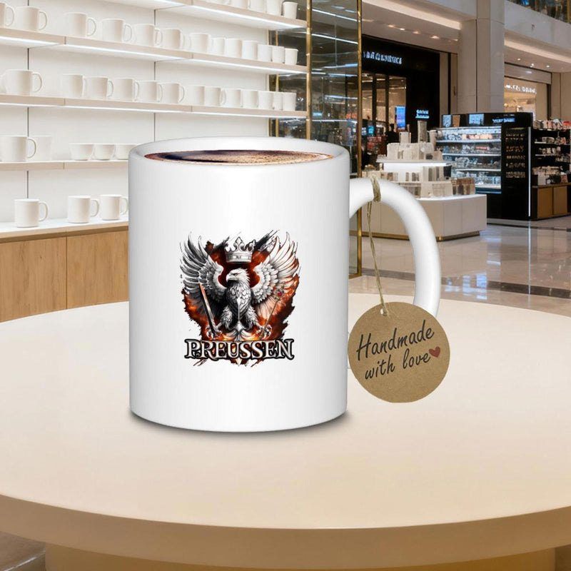 Tailorly White Ceramic 11 oz Mug - Prussia Majestic Imperial Symbol Featuring Detailed Feathers Among Royal Crown And Sword Eagle