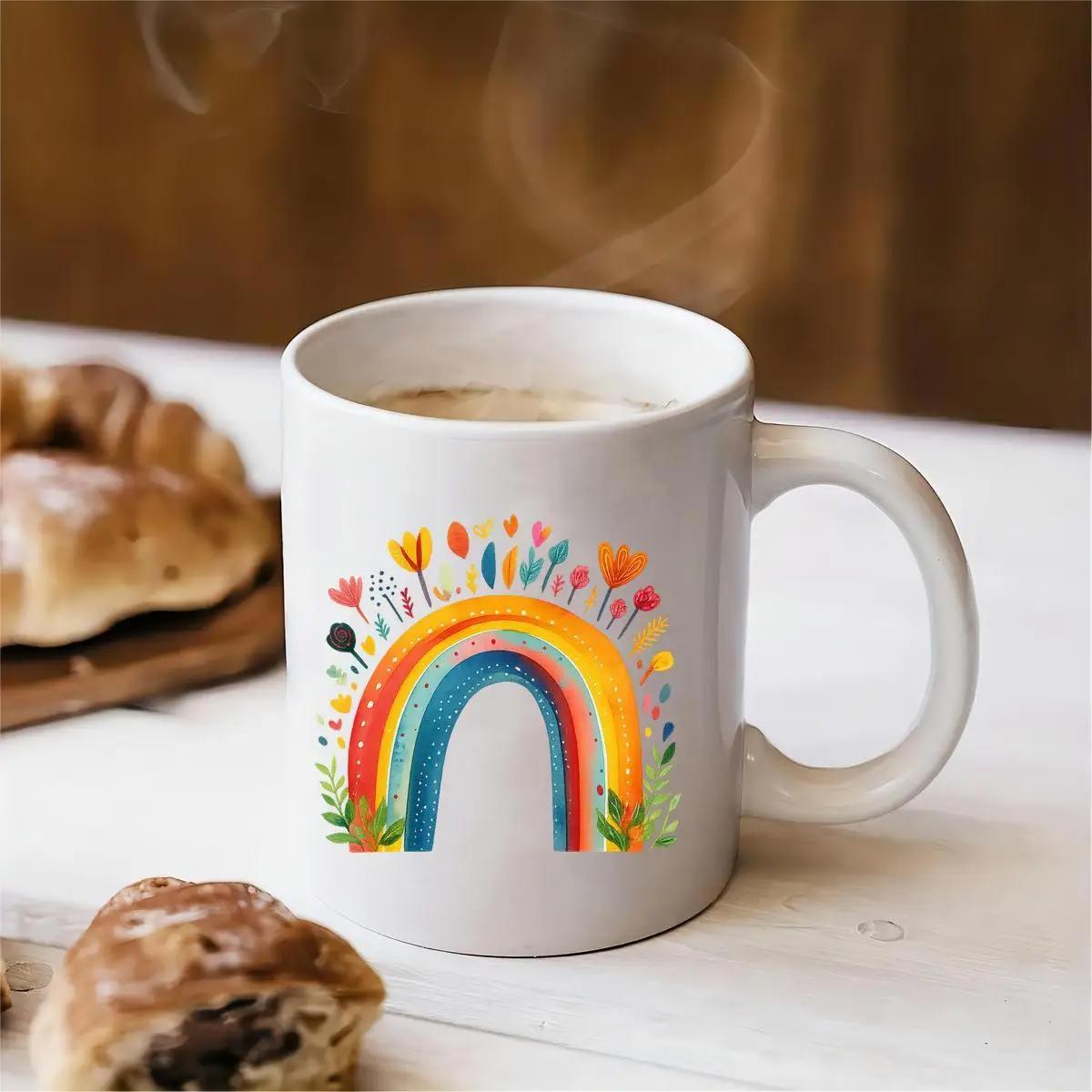 Tailorly White Ceramic 11 oz Mug - Colorful Hand Painted Arch Featuring Vibrant Spring Flowers And Blooming Meadow Rainbow