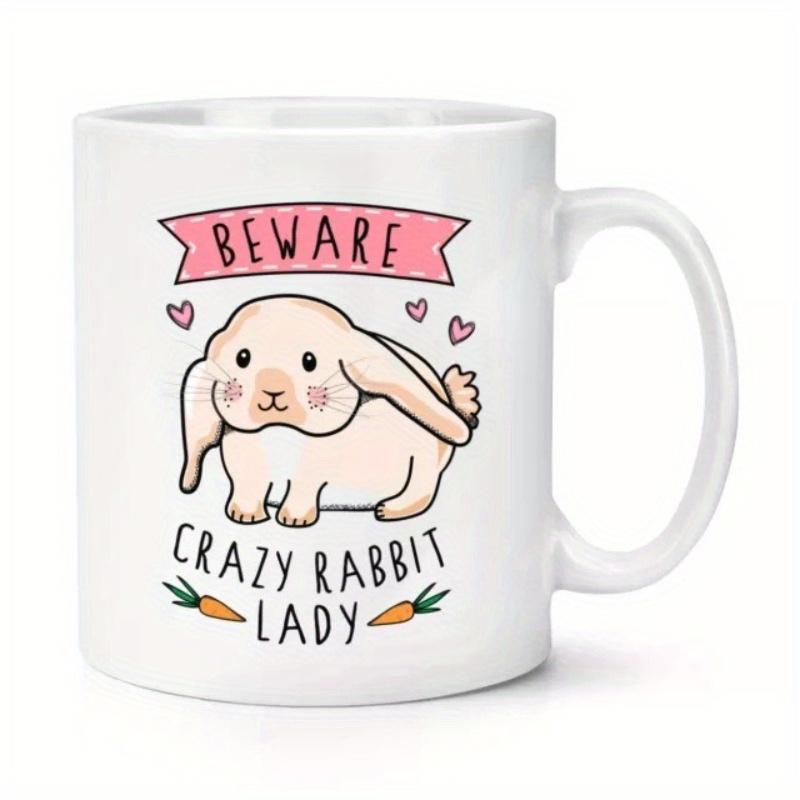 Tailorly White Ceramic 11 oz Mug - Beware Crazy Rabbit Lady Cute Hand Drawn Lop Eared Bunny Surrounded By Tiny Hearts And Small Carrots Rabbit