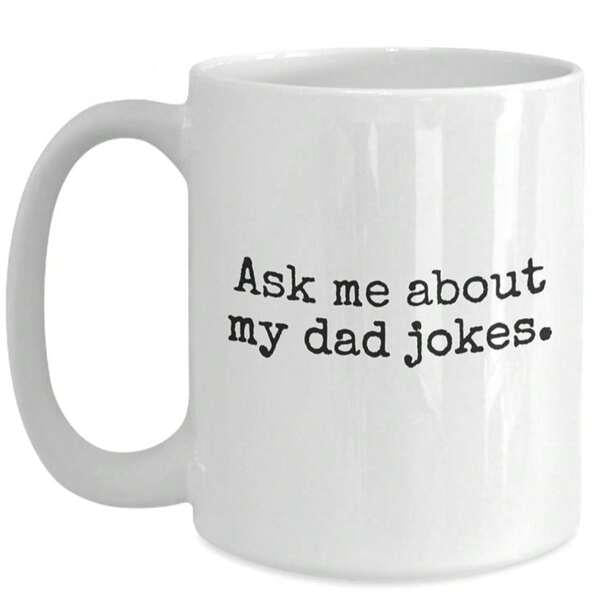 Tailorly White Ceramic 11 oz Mug - Ask Me About My Dad Jokes Clean Minimalist Ceramic Vessel With Simple Black Typewriter Style Typography Mug