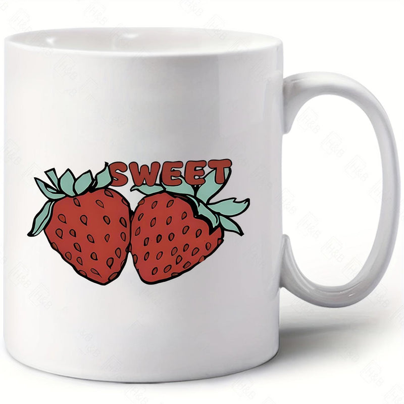 Tailorly White Ceramic 11 oz Mug - Sweet Two Hand Drawn Red Ripe Fruits With Green Leaves And Retro Letters Strawberry