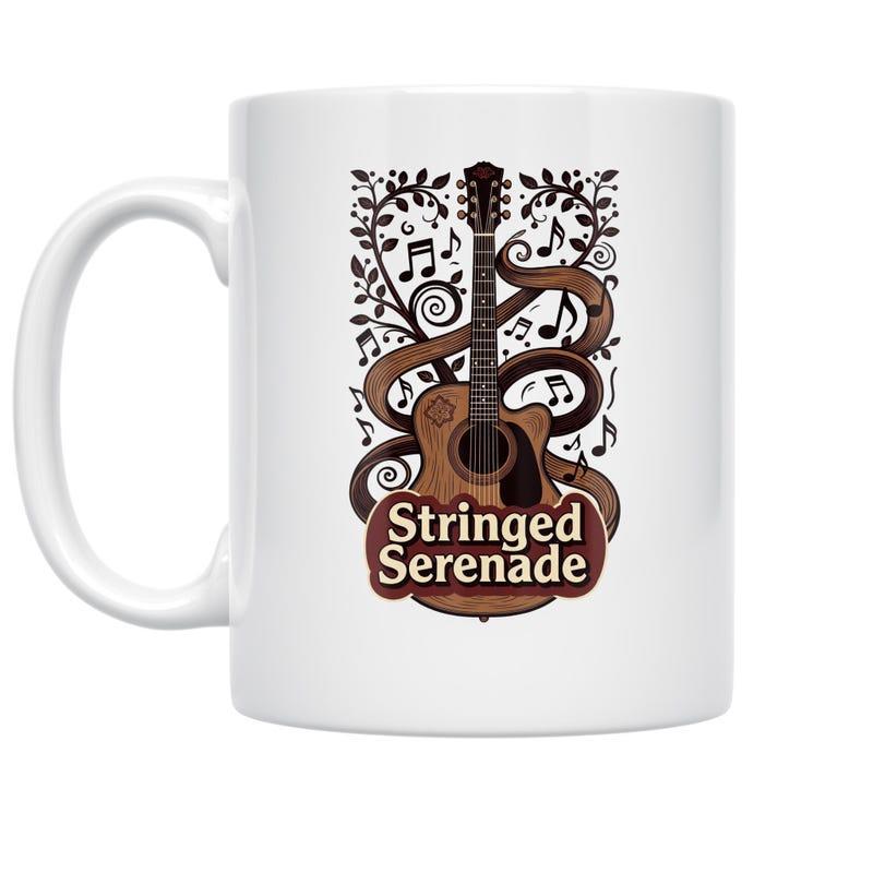 Tailorly White Ceramic 11 oz Mug - Stringed Serenade Classic Acoustic Guitar Surrounded By Flowing Ribbons And Floating Musical Notes Guitar