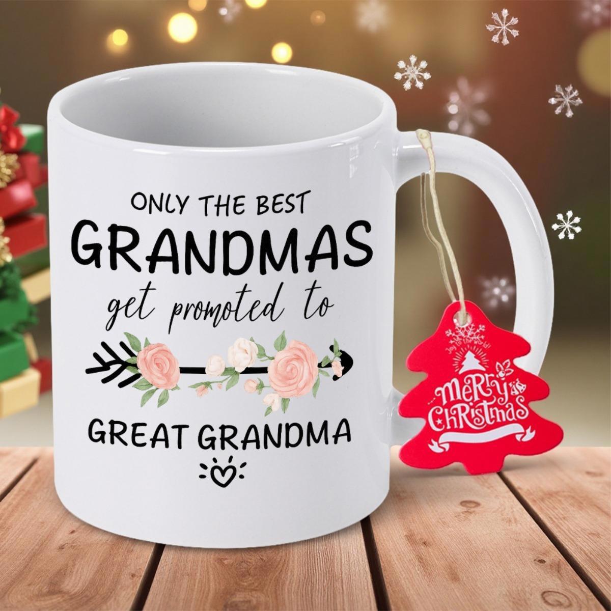 Tailorly White Ceramic 11 oz Mug - Only The Best Grandmas Get Promoted To Great Grandma Elegant Floral Arrow Decorated With Pink Roses And Small Heart Mug