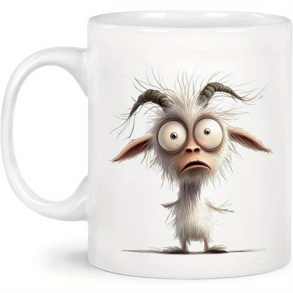 Tailorly White Ceramic 11 oz Mug - Quirky Messy White Fur Character With Wide Eyes And Small Horns Goat