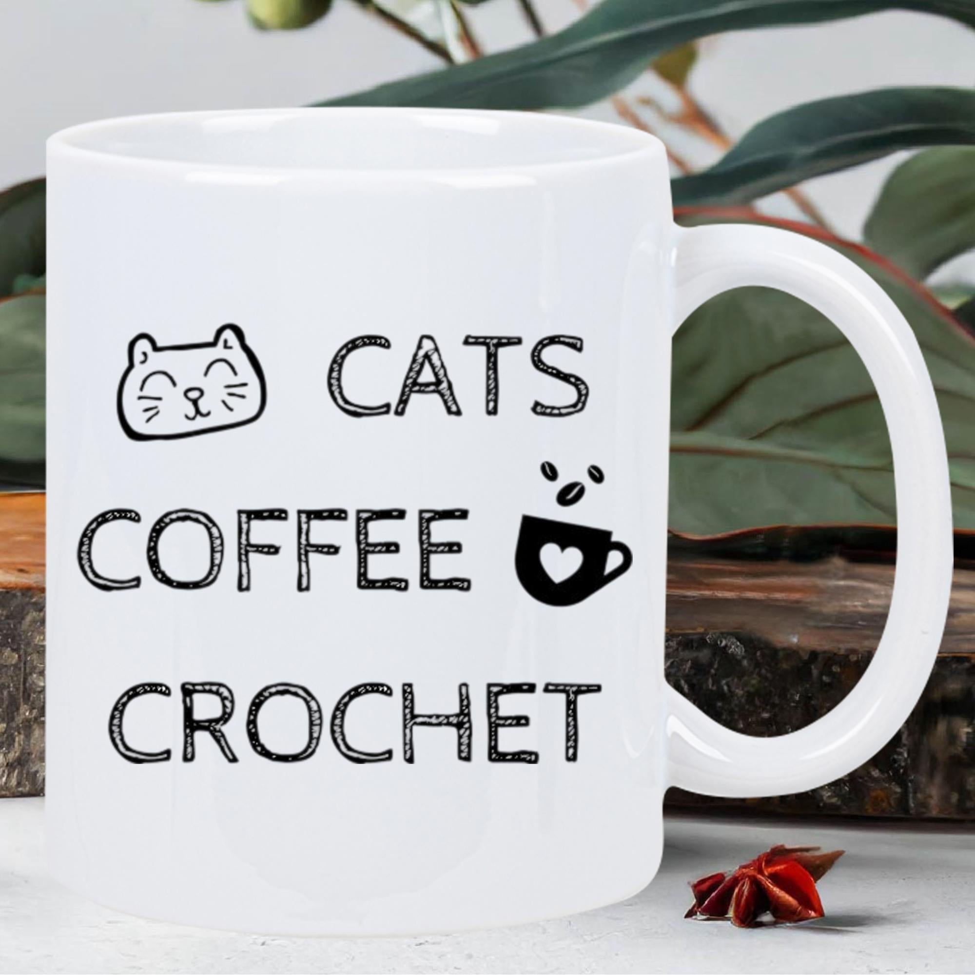Tailorly White Ceramic 11 oz Mug - Cats Coffee Crochet Minimalist Hand Drawn Feline Friend And Steam Coffee Cup Cat