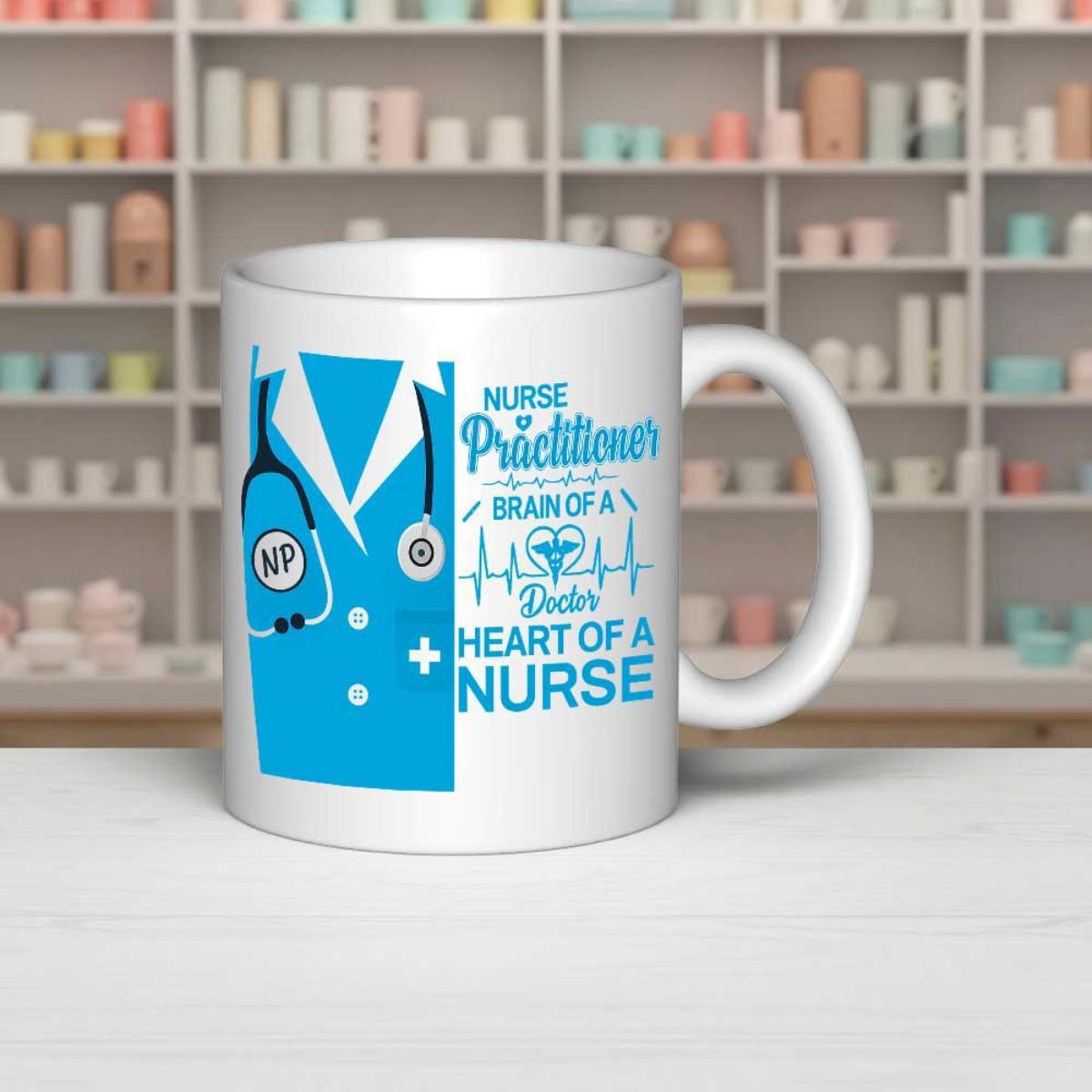 Tailorly White Ceramic 11 oz Mug - Nurse Practitioner Brain Of A Doctor Heart Of A Nurse Blue Medical Scrub Uniform With Stethoscope And Heartbeat Line Rhythm