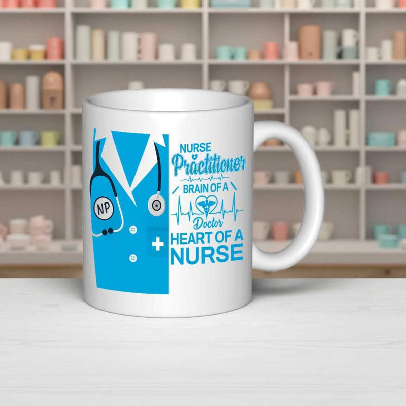 Tailorly White Ceramic 11 oz Mug - Nurse Practitioner Brain Of A Doctor Heart Of A Nurse Blue Medical Scrub Uniform With Stethoscope And Heartbeat Line Rhythm