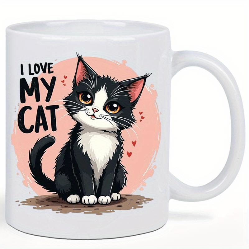 Tailorly White Ceramic 11 oz Mug - I Love My Cat Adorable Black And White Tuxedo Animal Sitting Among Tiny Red Hearts Cat