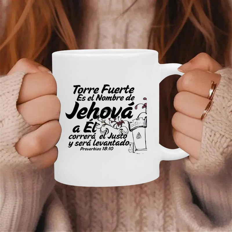Tailorly White Ceramic 11 oz Mug - Simple Black Line Art Fortress Standing Beside Religious Scriptural Quotation Tower