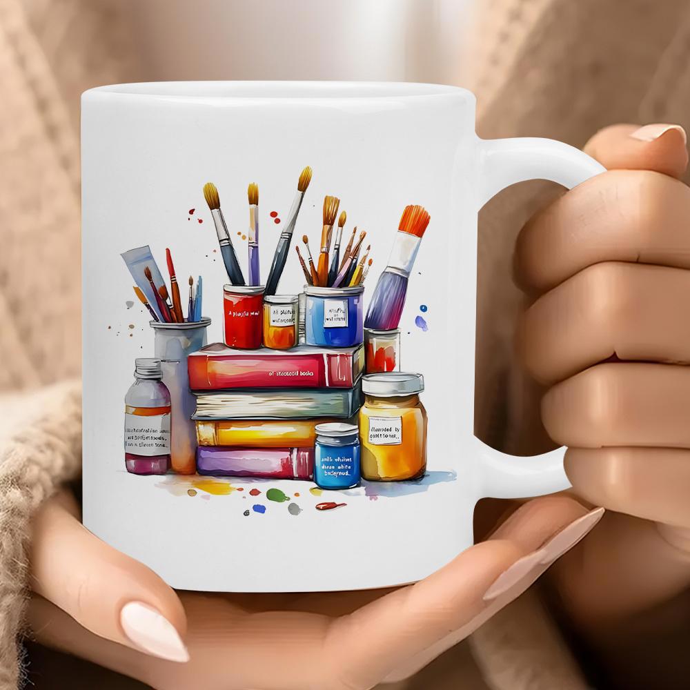 Tailorly White Ceramic 11 oz Mug - Colorful Paint Jars And Brushes Resting On Stacked Books Art Supplies