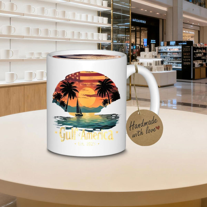Tailorly White Ceramic 11 oz Mug - God Bless America Vibrant Tropical Seascape Featuring Palm Trees And American Flag Sky Sunset