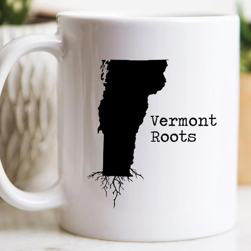 Tailorly White Ceramic 11 oz Mug - Vermont Roots Black State Silhouette With Tree Roots Growing From The Bottom Map