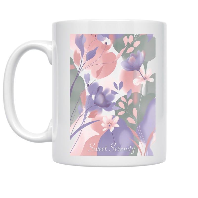Tailorly White Ceramic 11 oz Mug - Sweet Serenity Soft Pastel Artistic Floral Design Featuring Purple Lilies And Leaves Flower